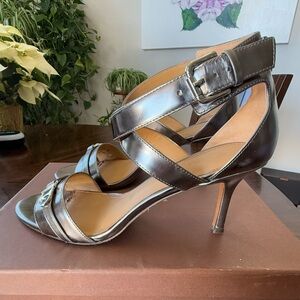 Coach Emilia Mirror Metallic Strappy Heels Buckle Pewter Gray Style A6818 Size 9